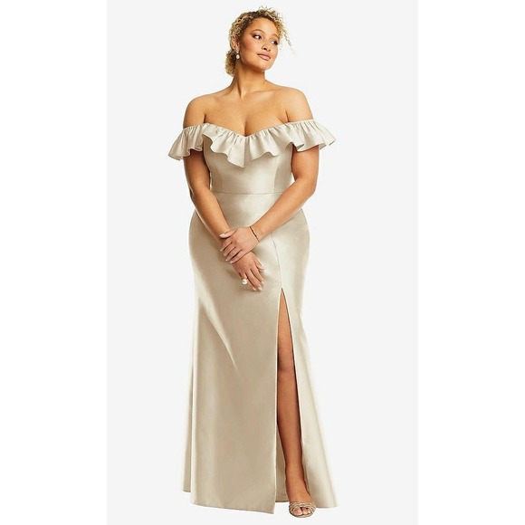 Alfred Sung Off-The-Shoulder Ruffle Neck Satin Trumpet Gown Size 4 - Picture 3 of 13